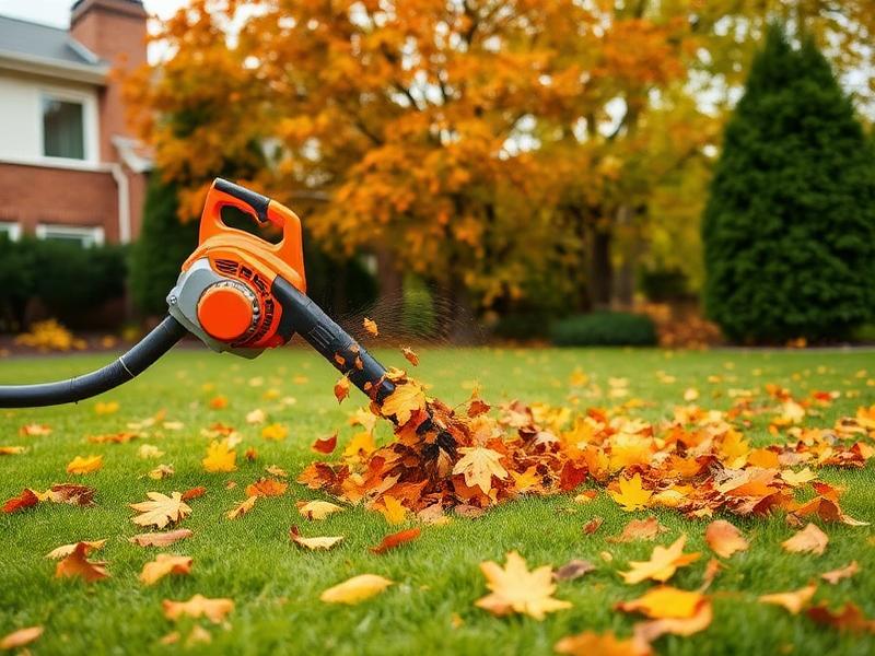 Leaf blower clearing autumn leaves from a green lawn