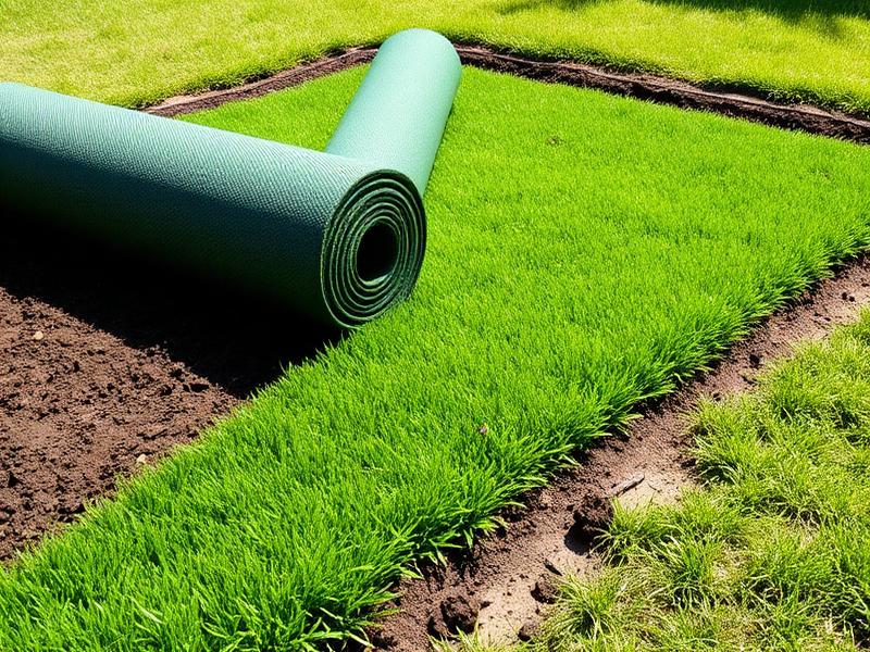 New sod rolls being laid on prepared soil bed